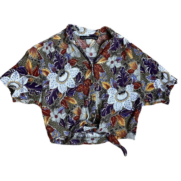 Vintage 90s Floral Crop Button Down Tie Front Top - Picture 4 of 4